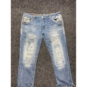 Rock Revival Kort Straight Distressed Jeans Mens 42 Medium Wash Blue Denim